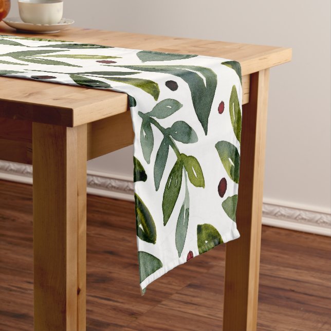 Grüne Aquarellfarben Saisonzweige und Beeren Kurzer Tischläufer (Beispiel)