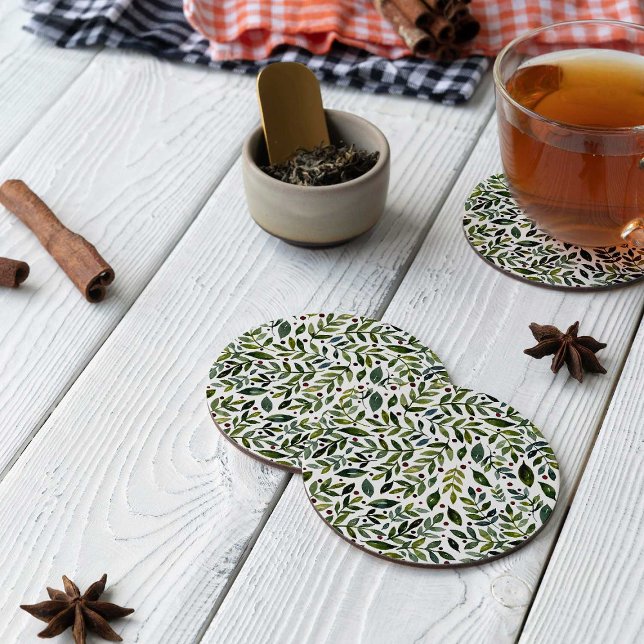 Grüne Aquarellfarben Saisonzweige und Beeren Runder Pappuntersetzer (Von Creator hochgeladen)