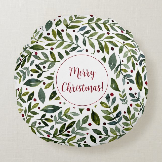 Grüne Aquarellfarben Saisonzweige und Beeren Rundes Kissen (Vorderseite)