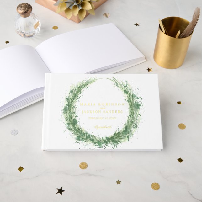 Grüne Aquarellgras Hochzeit Wein Gästebuch (Vorderseite Offen)