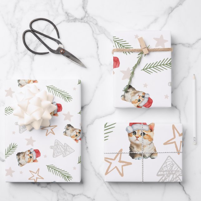 Grüne Aquarellkatze Weihnachten Weihnachten Geschenkpapier Set (Vorderseite)