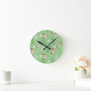 Grüne Aquarellkatze Weihnachten Weihnachten Runde Wanduhr