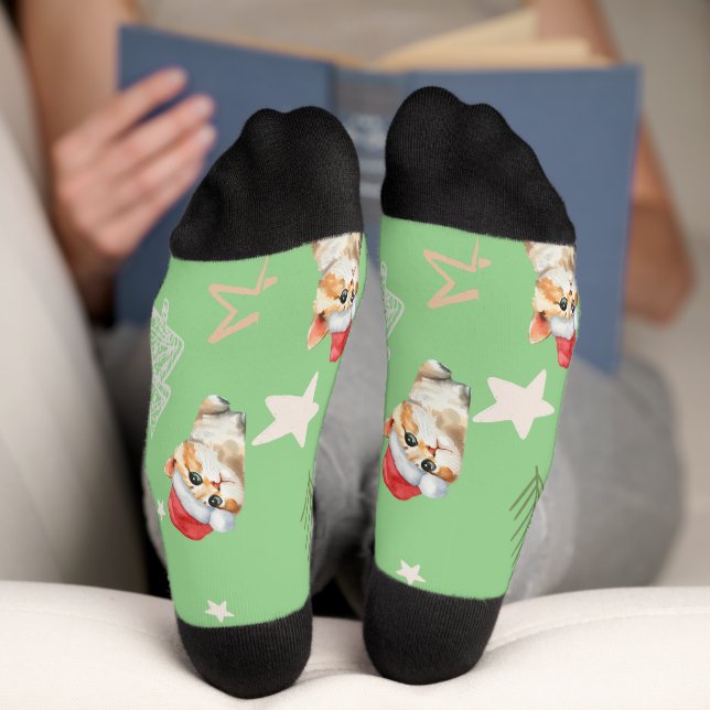 Grüne Aquarellkatze Weihnachten Weihnachten Socken (Unterseite)