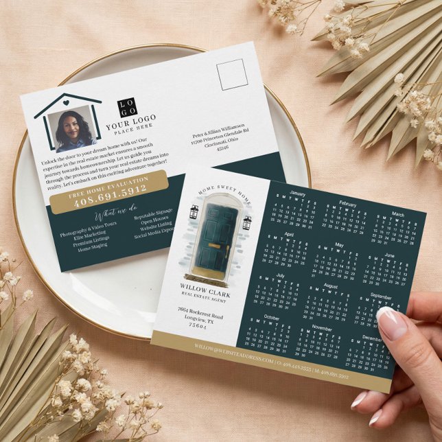 Grüne Aquarelltür Anwesen Kalender 2024 Postkarte (Green Watercolor Door Real Estate Calendar 2026 Postcard)