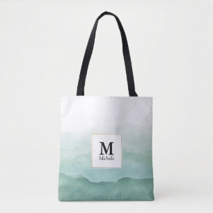 Grüne Aquarellwellen Monogram Tote Bag