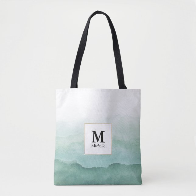 Grüne Aquarellwellen Monogram Tote Bag (Vorderseite)