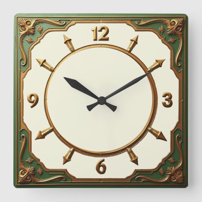 Grüne Art Deco Quadratische Wanduhr (Vorderseite)