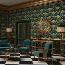 Grüne Art Deco Ventilatoren in Gold Tapete