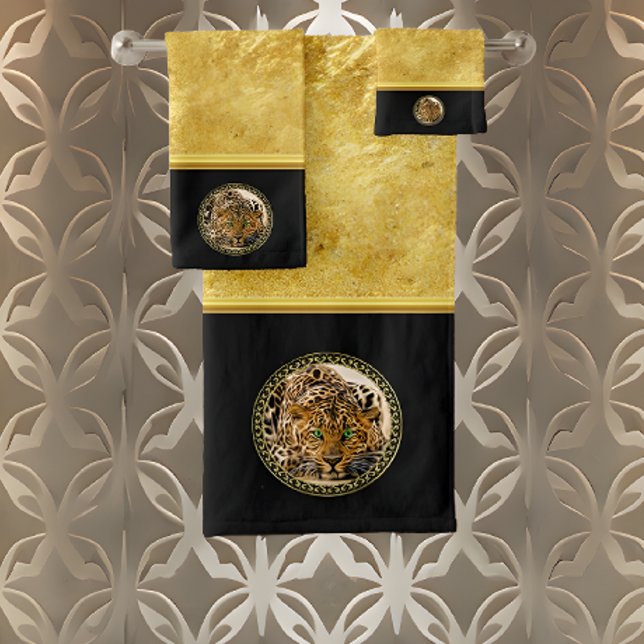 Grüne Augenleoparde mit Gepunkteter Goldfolie Badhandtuch Set (Von Creator hochgeladen)