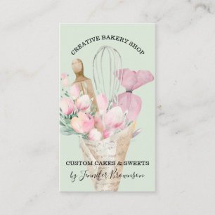 Grüne Bäckerei Konditor Rosa Blumen Boho Visitenkarte