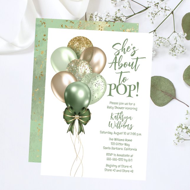 Grüne Balloons Sie ist im Begriff, Pop Baby Dusche Einladung ("She's Ready to POP!" Green and Gold Translucent Glitter Balloons Baby Shower Invitation.)