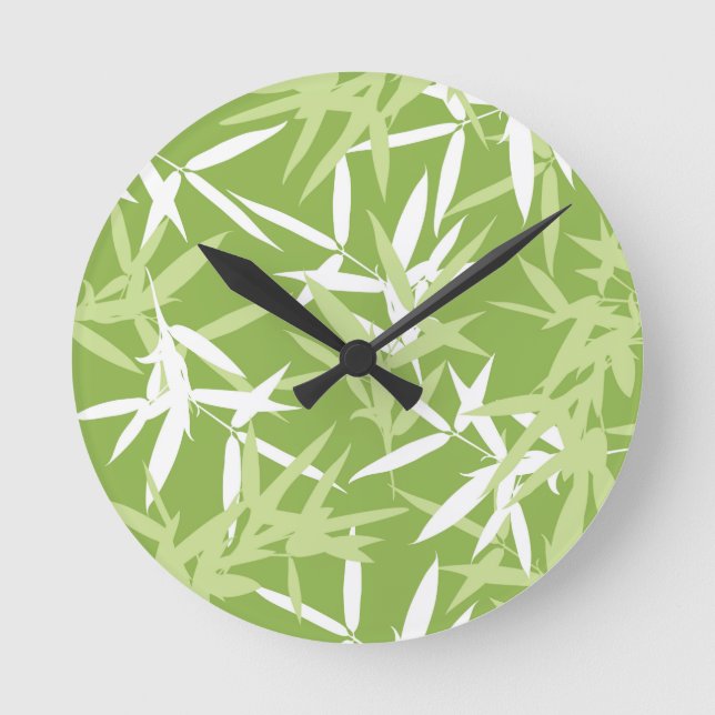 Grüne Bambus-Blätter Einzigartiges Muster Runde Wanduhr (Vorderseite)