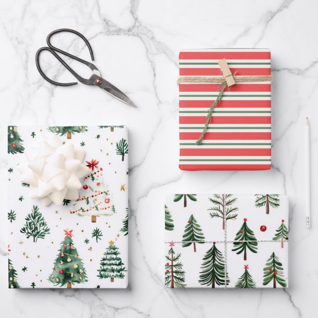 Grüne Baummuster mit roten Streifen Geschenkpapier Set (Vorderseite)