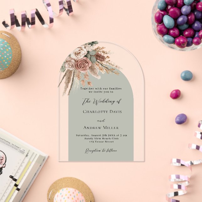 Grüne beige Rose Pampas Bärchen Hochzeit klar Acryleinladungen (Insitu (Feier))