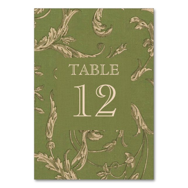 Grüne Beige Vintage Muster Burlap Textur Hochzeit Tischnummer (Vorderseite)