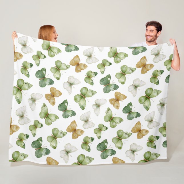 Grüne Beige Weiße Schmetterlinge Fleecedecke (Beispiel)