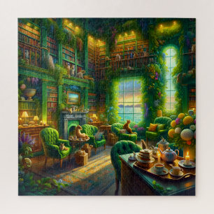 Grüne Bibliothek Katzen Teezeit Küstenblick Puzzle