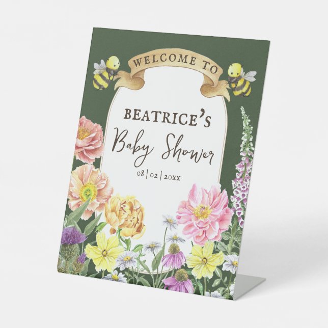 Grüne Biene und Wildblume Kinderdusche Willkommen Sockelschild (Vorderseite)