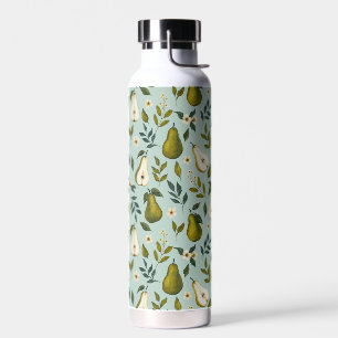 Grüne Birnen-Aquarell-Muster auf staubblauem Hinte Trinkflasche