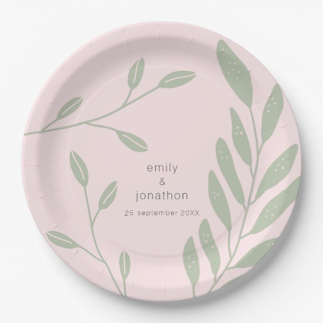 Grüne Blätter auf einfacher Seite Datum Rosa Hochz Pappteller (Vorderseite)