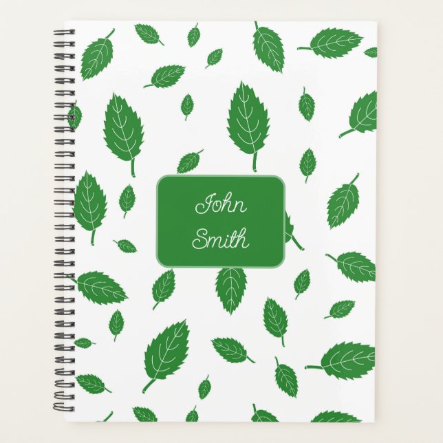Grüne Blätter auf White_ Floral Muster Script Planer (Vorderseite)