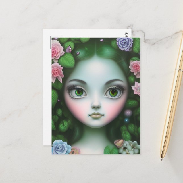 Grüne Blätter & Blume Forest Girl Postkarte (Vorderseite/Rückseite Beispiel)