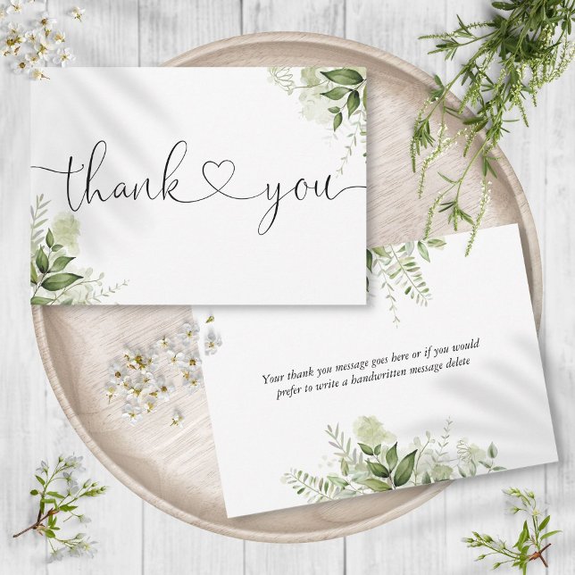 Grüne Blätter Botanische Elegante Drehbuch Herz Dankeskarte (Greenery Leaves Botanical Elegant Script Heart Thank You Card)