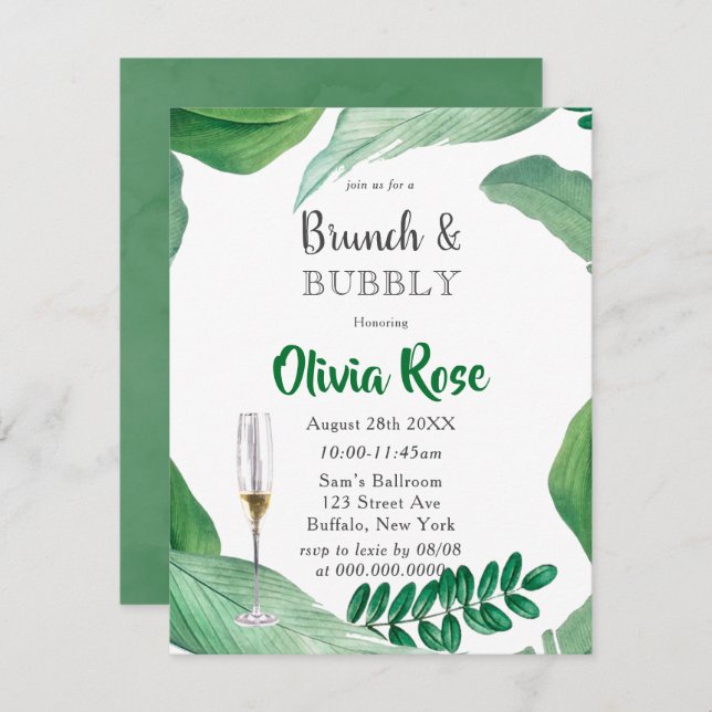 Grüne Blätter Brunch & Bubbly Einladung (Vorne/Hinten)