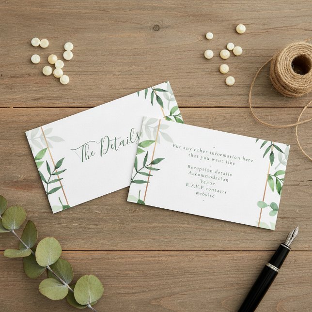 Grüne Blätter "die Details" Hochzeitszittel Begleitkarte (Green leaves "the details" wedding enclosure card.)