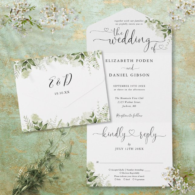 Grüne Blätter Elegante Script Hearts Wedding All In One Einladung (Greenery Leaves Elegant Script Hearts Wedding All In One Invitation)