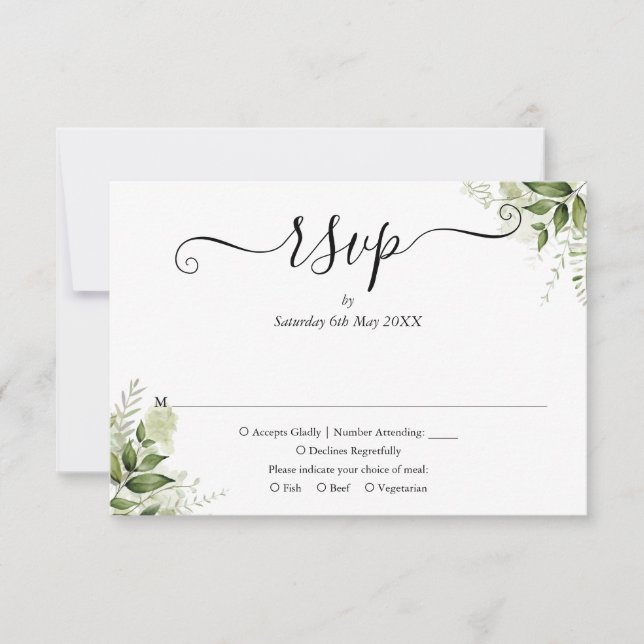 Grüne Blätter Elegante Script Wedding RSVP Karte (Vorderseite)