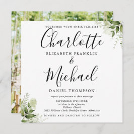 Grüne Blätter Elegantes Script Foto Hochzeit Einladung