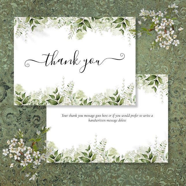 Grüne Blätter Elegantes Skript Dankeskarte (Greenery Leaves Elegant Script Thank You Card)