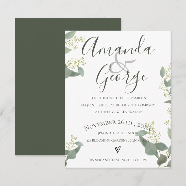 Grüne Blätter | Elegantes Skript | Vow Renewal Einladung (Vorne/Hinten)