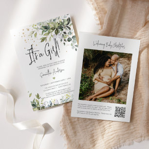 Grüne Blätter Es ist ein Girl Baby Shower QR Code Einladung
