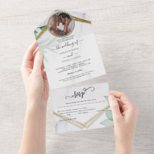 Grüne Blätter Glitter Gold Hochzeit All In One Einladung