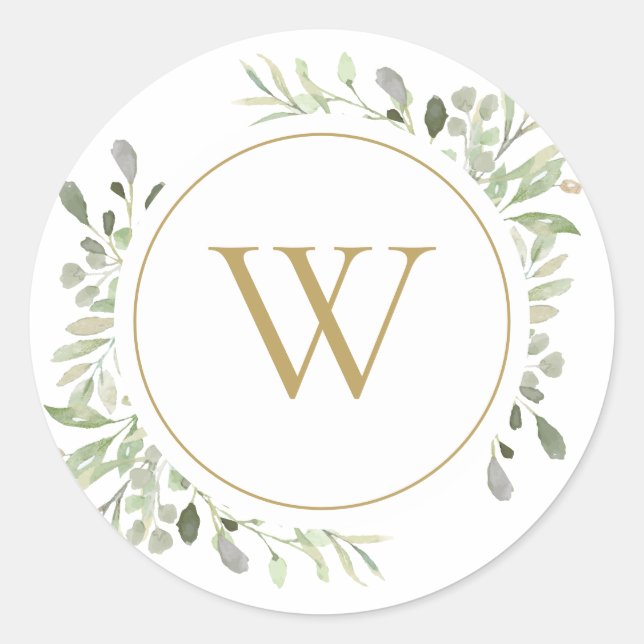 Grüne Blätter Gold Monogram Initial Runder Aufkleber (Vorderseite)