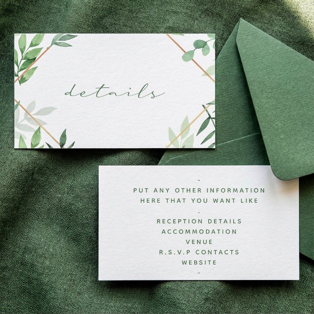 Grüne Blätter, Goldgrenze, Einzelheiten Hochzeit Begleitkarte (Green leaves, gold border, details wedding enclosure card.)