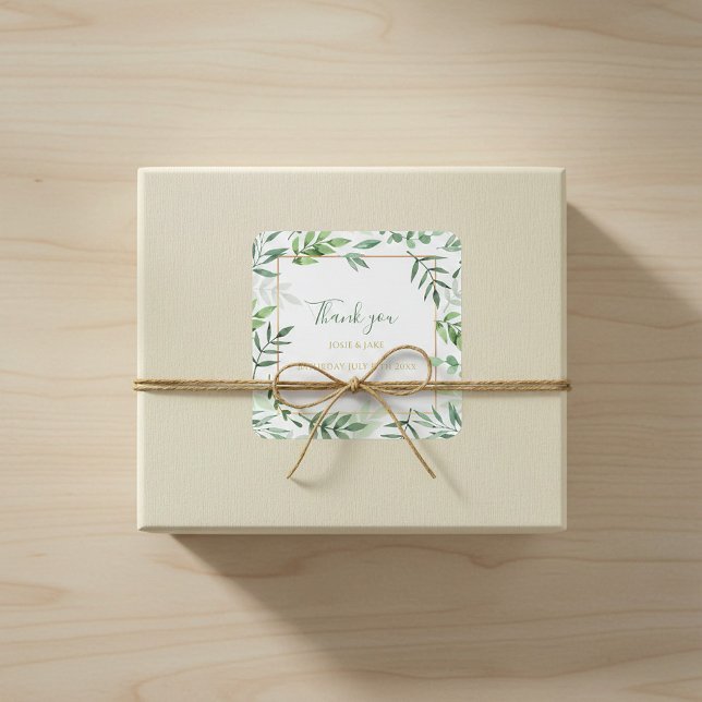 Grüne Blätter Grenze Hochzeit danke Ihnen Aufklebe Quadratischer Aufkleber (Green leaves border wedding thank you sticker.)