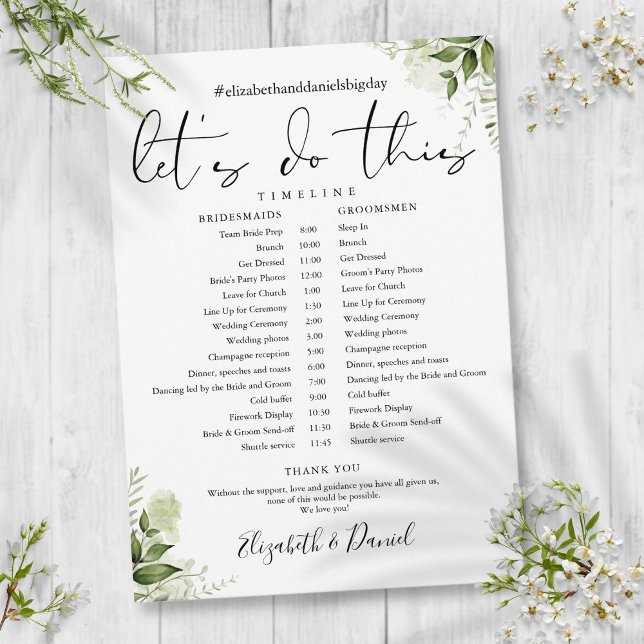 Grüne Blätter Hochzeitskalender Programm (Greenery Floral Foliage Wedding Schedule Timeline Program)