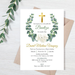 Grüne Blätter Kranz Taufe Einladung in Spanisch
