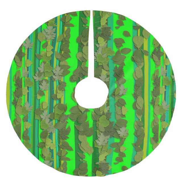 Grüne Blätter Leaf Stripe Muster Weihnachtsfeierta Polyester Weihnachtsbaumdecke (Vorderseite)