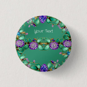 Grüne Blätter Lila Edelsteine Pinback Button