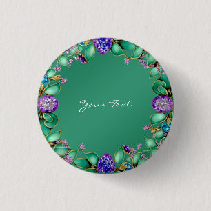 Grüne Blätter Lila Edelsteine Pinback Button