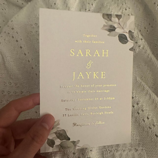 Grüne Blätter mit Aquarellfarbe Hochzeitsgold Folieneinladung (Von Creator hochgeladen)