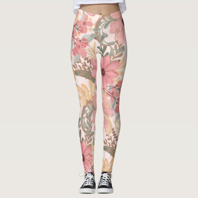 Grüne Blätter mit rosa Farbton Leggings (Vorderseite)