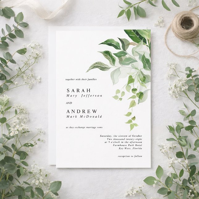 Grüne Blätter Moderne Minimale Hochzeit Einladung (Von Creator hochgeladen)