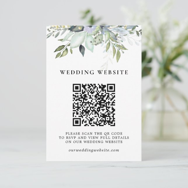 Grüne Blätter QR-Code RSVP und Hochzeitsdetails Begleitkarte (Stehend Vorderseite)