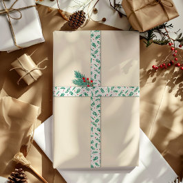 Grüne Blätter & Red Berries Weihnachtsmuster Weiß Satinband