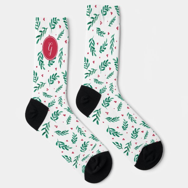 Grüne Blätter & Red Berries Weihnachtsmuster Weiß Socken (Rechts)